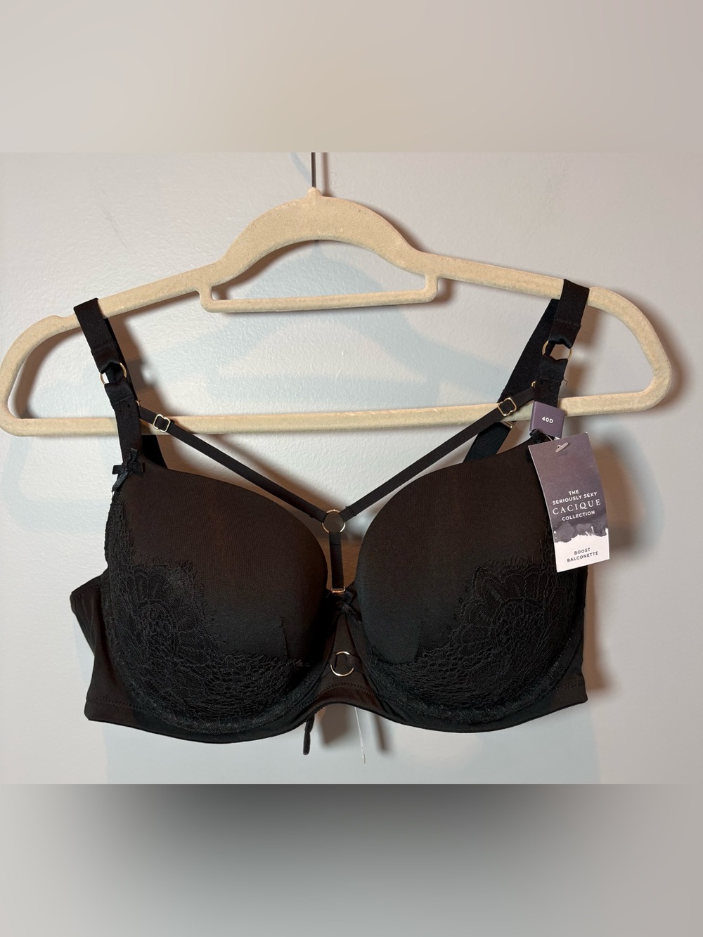 Cacique Seriously Sexy Black Lace Boost Balconette Bra 40D NWT